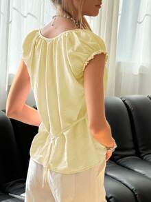 SHEIN Bubbli Women's Ruffle Collar Half-Open Neck T-Shirt - Pale Yellow - View 2