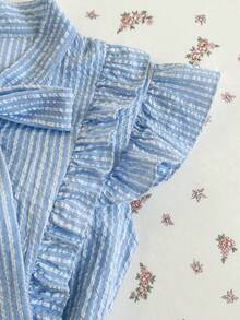 Elamini Áo kiểu nữ mùa hè kẻ sọc, tay ngắn, không cài cúc, viền bèo nhún và nơ, kiểu dáng thường ngày. - Xanh và trắng - Xem 4