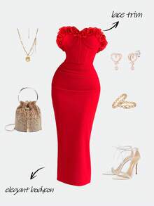 Olithes Đầm ôm sát eo xếp ly bằng vải organza viền hoa dành cho nữ - màu đỏ tươi - Xem 3