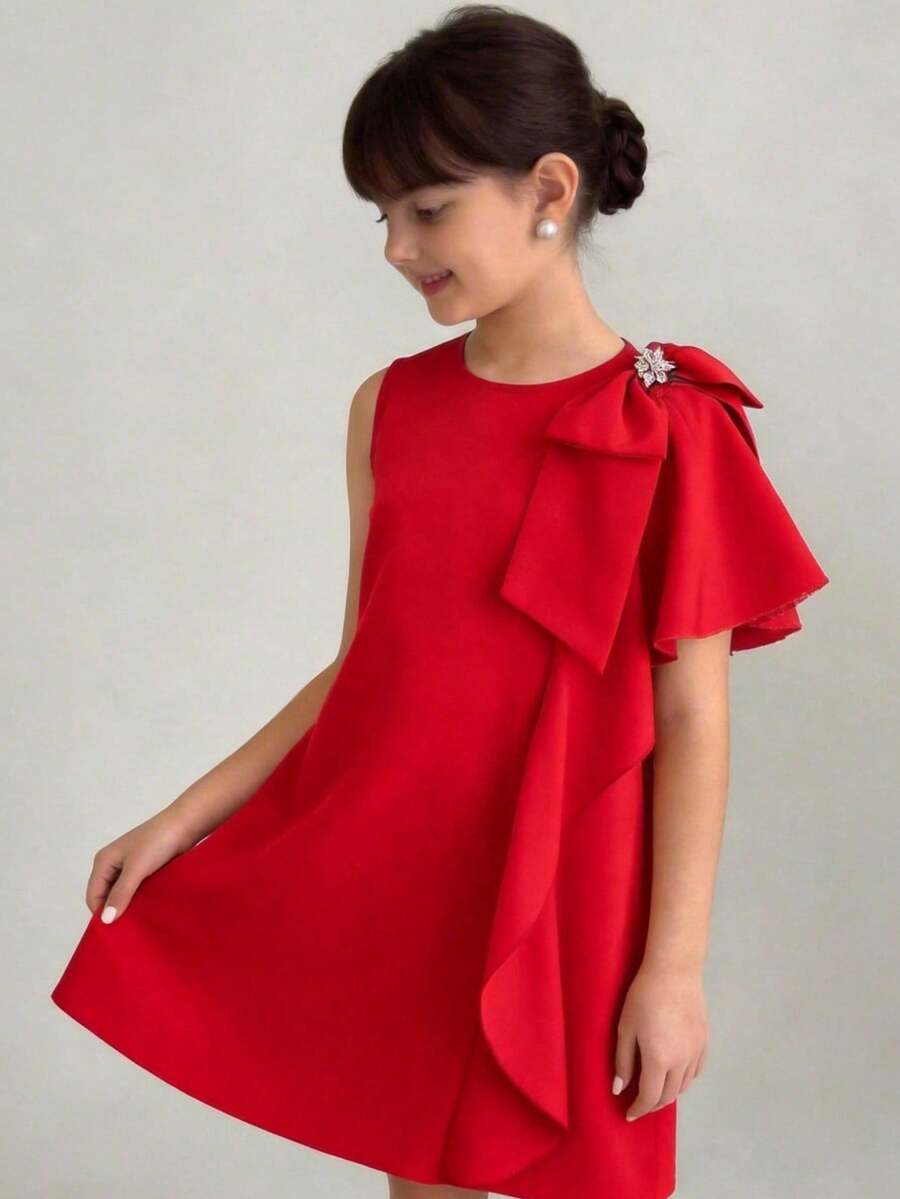 Vestido elegante sin mangas con volantes para niña preadolescente - Rojo - Ver 1