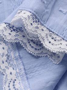 Dazy Plus Lace Tie Collar Cute Cardigan Top And Long Pants Pajama Set, Casual For Girls, Spring/Autumn - Blue - View 11