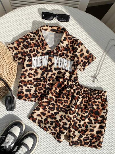 SHEIN 2pcs/Set Baby BoySpring/Summer Vacation Stylish Leopard Print Short Sleeve Shirt And Shorts Set, Streetwear Outfit Toddler Boy Cheetah Print Set Boys Animal Print Sets Toddler Leopard Outfit Leopard Print Baby Clothes