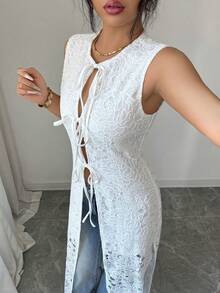 SHEIN Raffinéa Women's Elegant Lace-Up Long Dress, Summer - White - View 5
