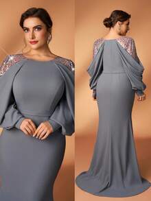 Serin Plus Size Rose Gold Spring Elegant Evening Mermaid Dress,Gray Sequin Embroidered Patchwork Elastic Knit Asymmetric Ruffle Sleeve Fitted Party Gown - Grey - View 2