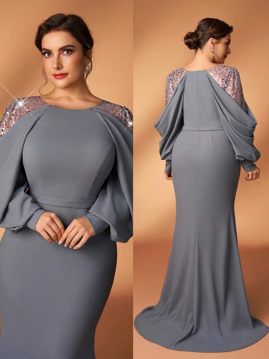 Serin Plus Size Rose Gold Spring Elegant Evening Mermaid Dress,Gray Sequin Embroidered Patchwork Elastic Knit Asymmetric Ruffle Sleeve Fitted Party Gown