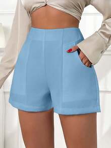 EURMUSE 女款白色高腰口袋短裤 136 - 淺藍色 - 查看 7