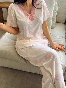 DAZY 夏季撞色蕾丝拼接碎花女士睡衣套装 - 白色 - 查看 1