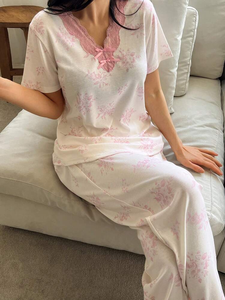 Summer Colorblock Lace Patchwork Ditsy Floral Women Pajama Set