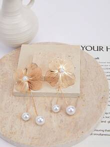 Enchnt 1 对时尚优雅的花瓣形多层珍珠流苏耳环，夸张设计，独特个性化，欧美风格，高端女士珠宝 - 金色 - 查看 3