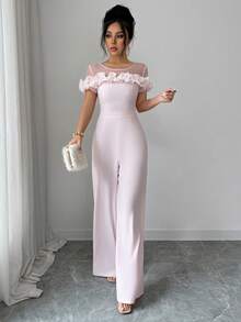 SHEIN Elenzya Bộ jumpsuit màu hồng thanh lịch dành cho nữ, điểm nhấn bèo nhún ở vai, chất liệu chiffon xuyên thấu ở vai, thích hợp cho các dịp thường ngày, nghỉ lễ, hẹn hò, đi chơi, ngày Valentine, đám cưới, tiệc tùng. - Hồng - Xem 5