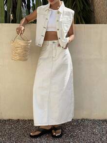 DAZY 女士夏季休闲前扣牛仔背心和牛仔迷你裙套装 - 白色 - 查看 1