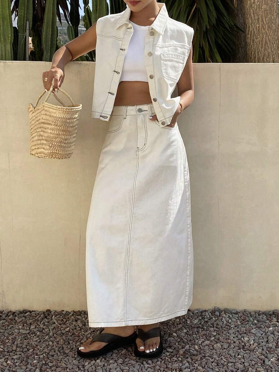 DAZY 女士夏季休闲前扣牛仔背心和牛仔迷你裙套装 - 白色 - 查看 1