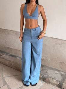 StreetHx Women's Y2K Style Striped Camisole 2 Pieces Set, Casual Streetwear, Spring/Autumn - Light Wash - View 1