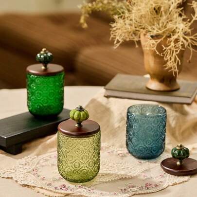 Cirelle 复古浮雕玻璃罐，配精美盖子 – 优雅的浴室收纳罐，可存放棉片和棉签，亦可作为装饰性台面收纳用品