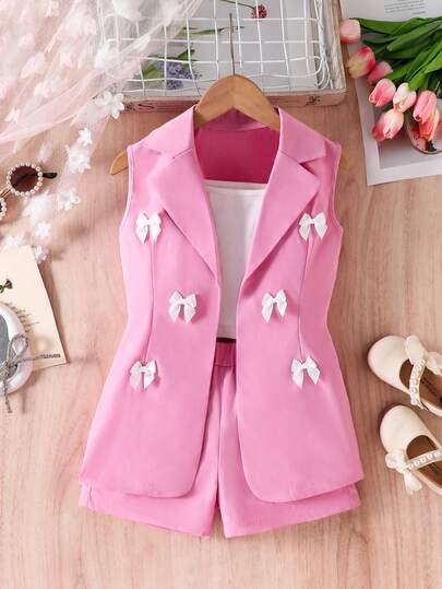 SHEIN Elladie kids Conjunto de 3 piezas para niñas (talla pequeña) que incluye chaqueta rosa, camiseta y shorts de perlas, conjunto de verano casual y elegante