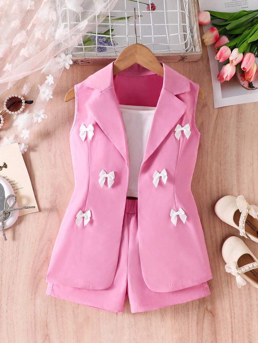 SHEIN Elladie kids Bộ 3 món cho bé gái (size nhỏ) gồm áo khoác, áo hai dây và quần short đính ngọc trai, trang phục mùa hè thanh lịch thường ngày. - Màu Hồng Dưa hấu - Xem 1