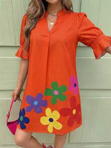 SHEIN Clasi 女士新款时尚优雅V领黑色印花休闲通勤时尚夏季连衣裙 - 橘色 - 查看 5