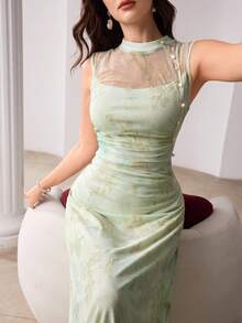 Modelyn Đầm midi thanh lịch không tay, chất liệu nhung, nhuộm tie-dye, đính ngọc trai, thắt eo, dành cho phái nữ. - màu xanh lá - Xem 1