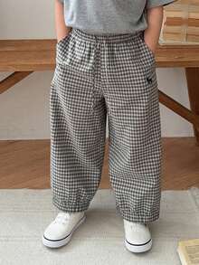 Dazy Kids 男童格子印花刺绣抽绳腰斜插口袋裤 - 黑與白 - 查看 8