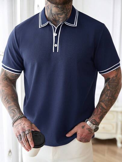 Manfinity Mode Áo sơ mi mùa hè tay ngắn raglan phối màu tương phản, cài nửa khuy.