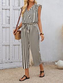EMERY ROSE Women's Striped V-Neck Tie Waist Casual Jumpsuit - Multicolor - View 7