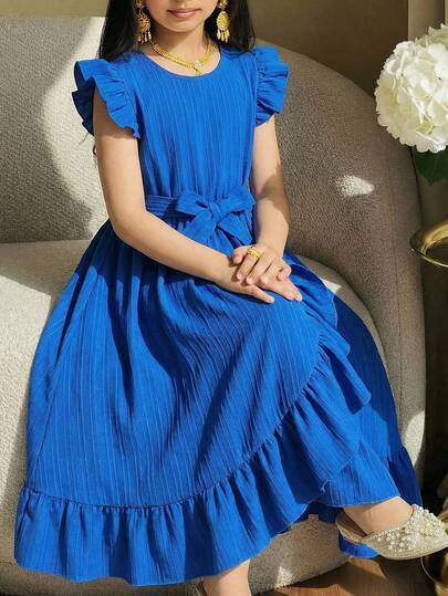 SHEIN Tween Girls' Summer Casual Everyday Jacquard Light Blue Ruffle Waist Butterfly A-Line Dress