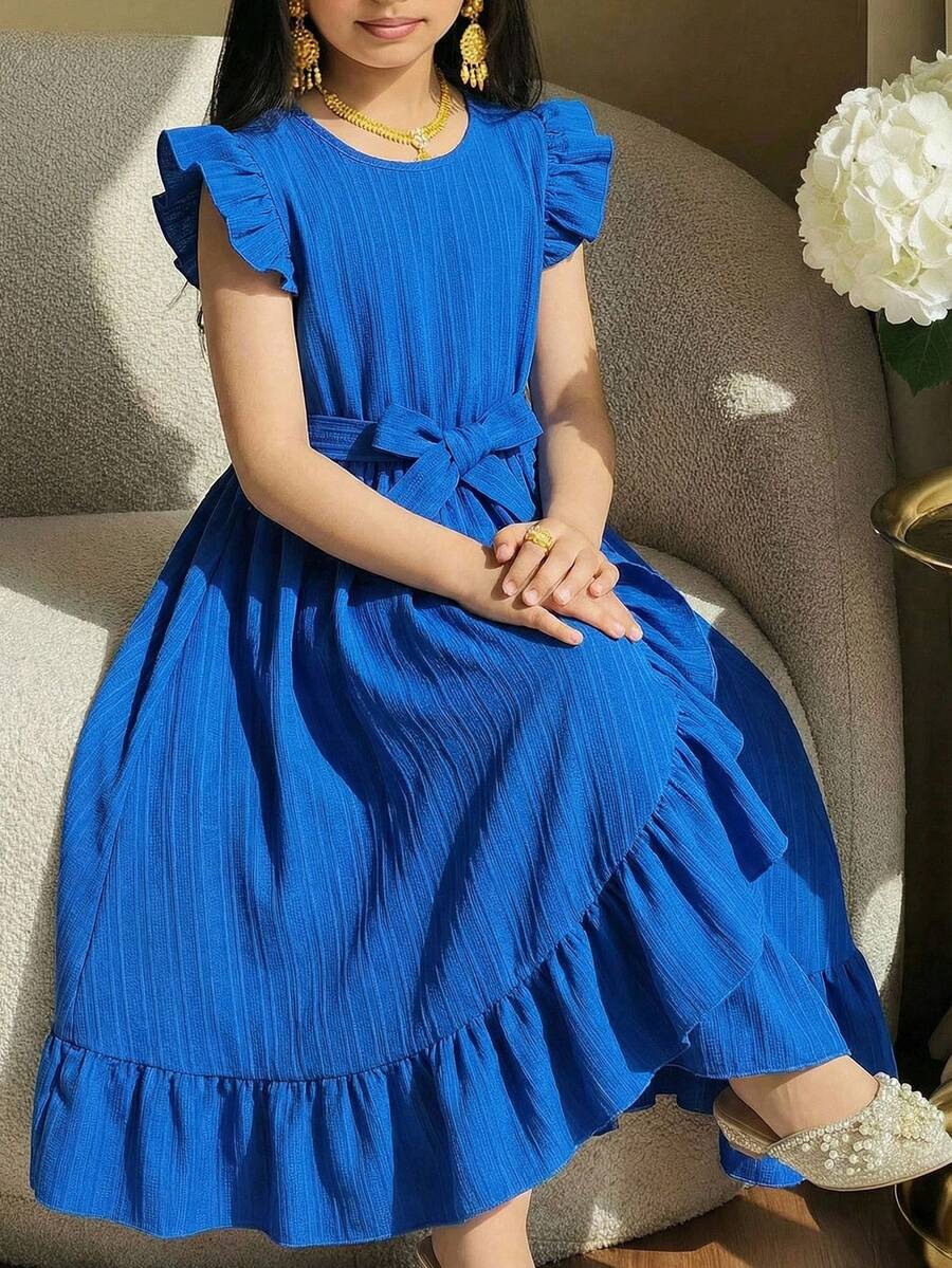 SHEIN Vestido de línea A con volantes en la cintura y estampado de mariposas en color azul claro, de uso casual y diario para niñas preadolescentes - Azul - Ver 1