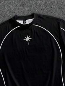 Manfinity ZONE917 Boxy Cropped Loose Athleisure Minimalist White Contrast Stripe & Heart Print Graphic Tee - Black - View 2