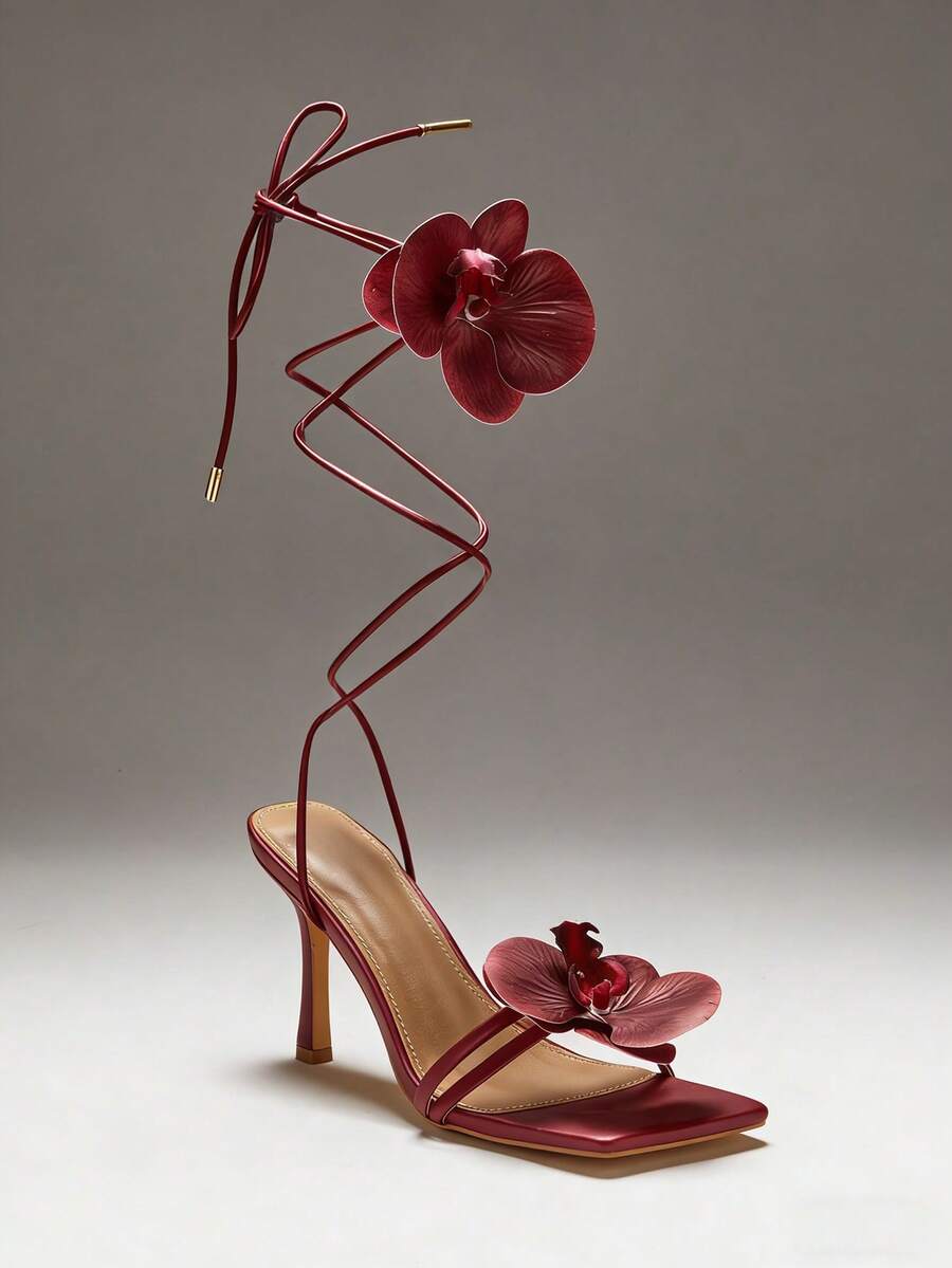 SHUZIA 女士华丽花卉装饰系带缎面高跟凉鞋 - 酒紅色 - 查看 1