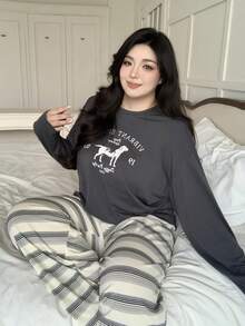 Dazy Plus 大码女式可爱卡通印花长袖上衣和格子宽松睡裤套装，春夏休闲睡衣 - 深灰色 - 查看 8