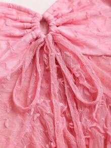 Elamini Petite 女士粉色蕾丝拼接不对称下摆系带吊带背心，春夏款 - 粉色 - 查看 7