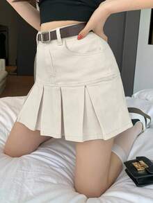 DAZY Chân váy ngắn denim xếp ly màu trơn, kiểu dáng thường ngày dành cho nữ, thích hợp cho mùa hè. - Màu be - Xem 6