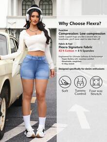 Flexra 女士弹力腰带口袋修身休闲百搭牛仔短裤 - 藍色 - 查看 2