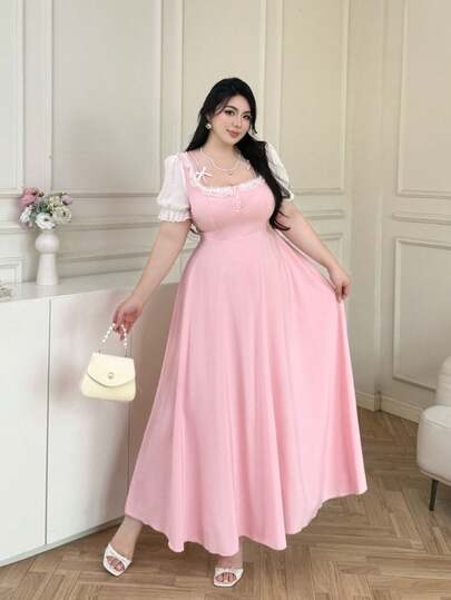 Vibekara Spring, Summer, Fall New Arrival Sweet Elegant Going Out Tops, Bow, Pink Fabric Patchwork Textured Fabric Lace Trim Decor Bubble Short Sleeve U-Neck Dress Women, Umbrella Hem Long Dress