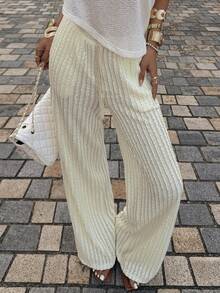 Siren Gaze 女士钩针编织沙滩裤，宽松阔腿高腰休闲网纱透视长裤，夏季度假风针织裤，适合早餐穿着，夏季女装 - 杏色 - 查看 2