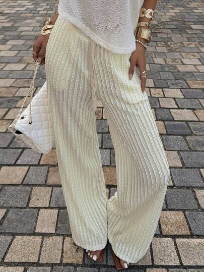 Siren Gaze Women Crochet Knit Beach Pants Flowy Wide Leg High Waist Casual Mesh See Through Trousers Summer Vacation Look Knit Pants Breakfast Outfits For Women Summer Outfits For Women