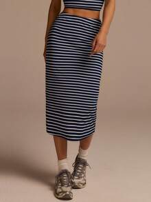 Fluxe 女士条纹露脐抹胸上衣和迷你裙休闲两件套 - 藍白色 - 查看 5