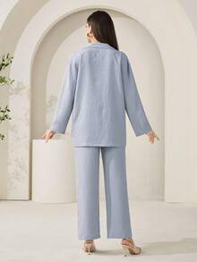 Veilorie Women's Solid Color Lapel NeckLong Sleeve Single-Breasted Jacket And Pants Casual Suit Set - Blue - View 9
