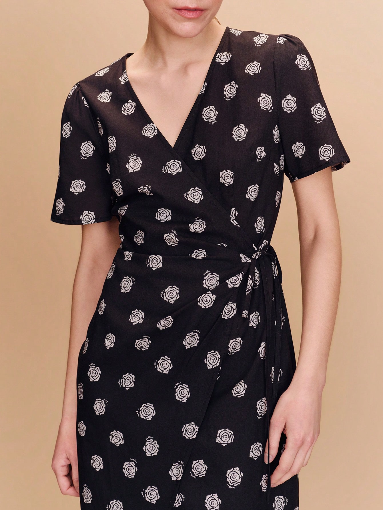 Black Floral-Print Mini Wrap Dress With Short Sleeves Cute Dress Spring Summer French Style Parisian Style Holiday Flower Dress Business Casual Wedding Guest Dress