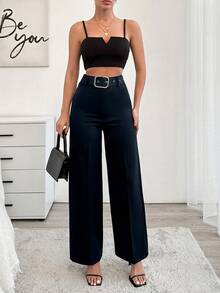 SHEIN Cottnline Women's Solid Color Toothpick Design Wide Leg Loose Elegant Commuter Pants - Navy Blue - View 5