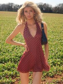 Sydney Algeri 浪漫波点V领女士迷你连衣裙，初秋 - 酒紅色 - 查看 1