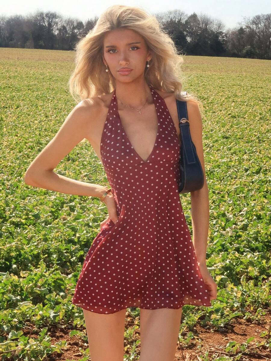 Sydney Algeri 浪漫波点V领女士迷你连衣裙，初秋 - 酒紅色 - 查看 1