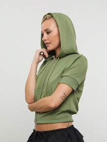 COUREZ Áo Hoodie Tay Ngắn Có Khóa Kéo / Phong Cách Thời Trang Xuân 2000 cho Nữ - Áo Hoodie Xanh Lá Cây - Trang Phục Nghỉ Xuân - Trang Phục Thường Ngày - Trang Phục Đi Chơi - Trang Phục Mùa Hè - màu xanh lá - Xem 2