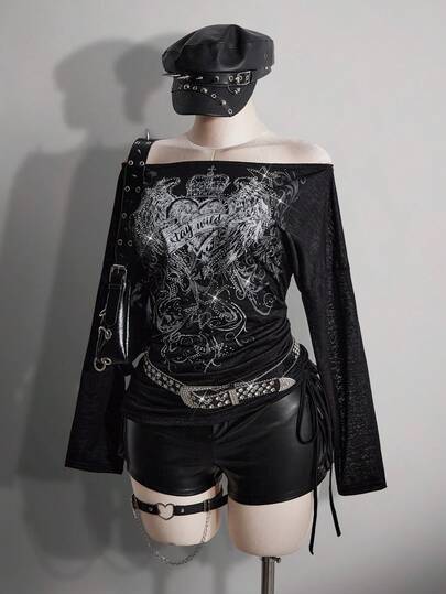 SHEIN ICON 大码女式朋克翅膀印花露肩长袖时尚上衣