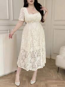 Vibekara Plus Size Romantic Square Neck Waist Gathered A-Line Lace Dress - Apricot - View 6