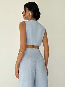 Firerie 女士优雅休闲简约通勤办公日常度假V领无袖蓝白条纹背心，适合夏威夷度假、海滩穿搭、机场穿搭、度假穿搭、教师穿搭 - 藍白色 - 查看 4