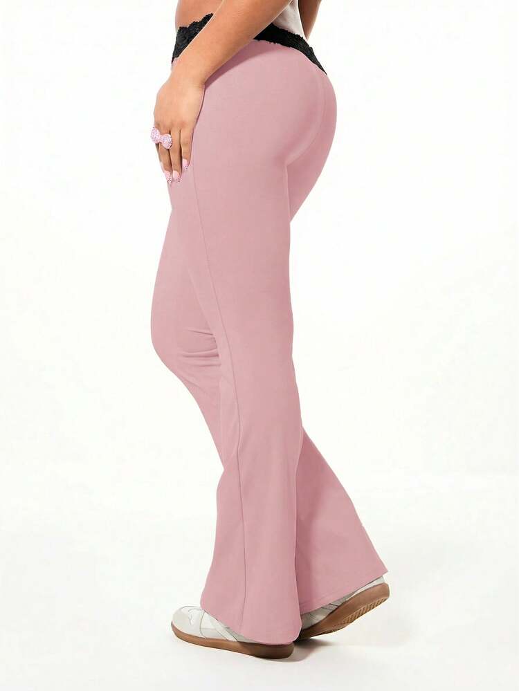 BABYPHAT Lace Waistband Detail Flare Leggings High Waisted Bootcut Pants Stretchy Comfortable Fit Casual Everyday Wear