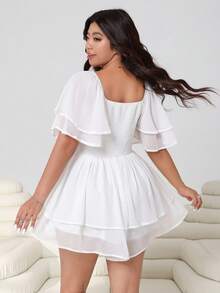 Solflare Plus Size Women Solid Color Square Neck Ruffle Short Sleeve Casual Jumpsuit - White - View 2