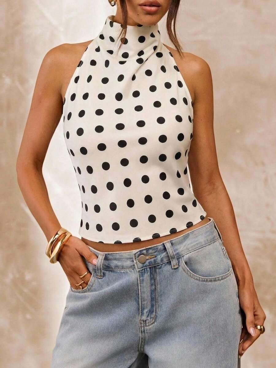 SHEIN BAE 女士夏季度假休闲波点印花露背吊带衫 - 白色 - 查看 1