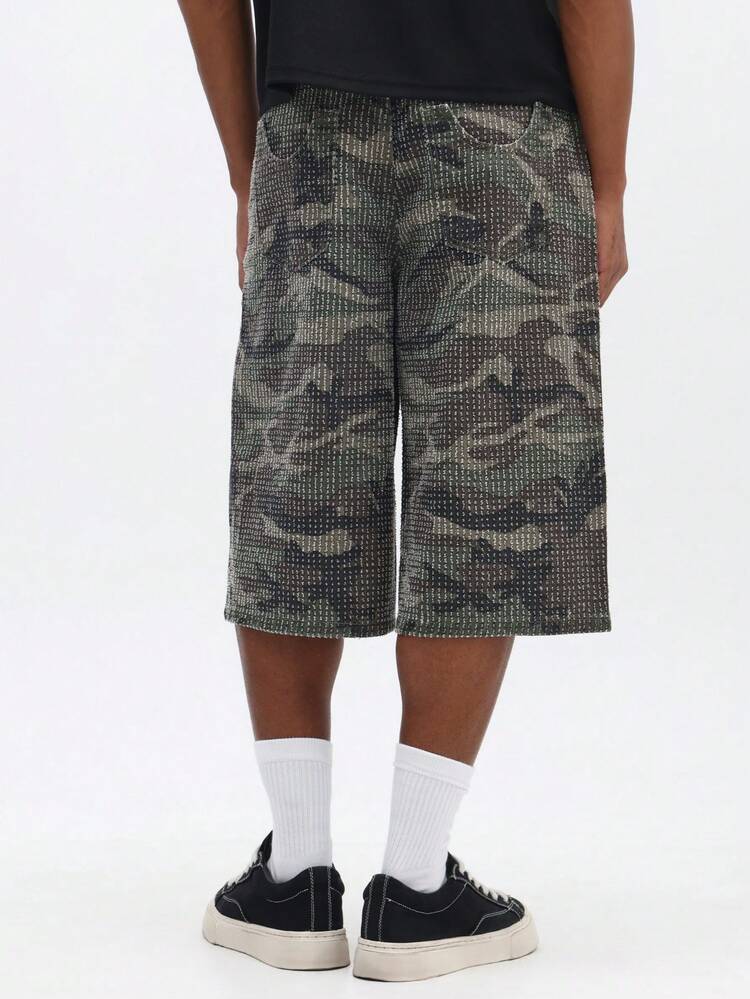 Short en jean texturé camouflage, longueur genoux, coupe ample, style décontracté d'été, style de rue, porter quotidien, mode urbaine, short ample